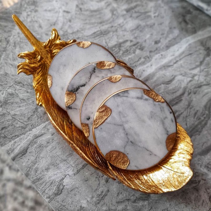 Hiusz Gold Round Marble Coaster Set